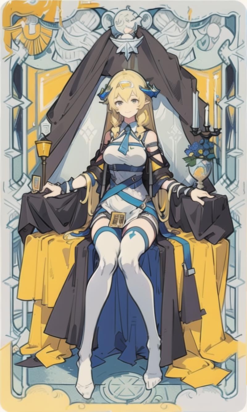 00509-3596069912-((( saileach _(arknights_))), Delicately painted in watercolour, (((Tarot card))),(((yellow background))), 1 girl,  smiling,  ((.png